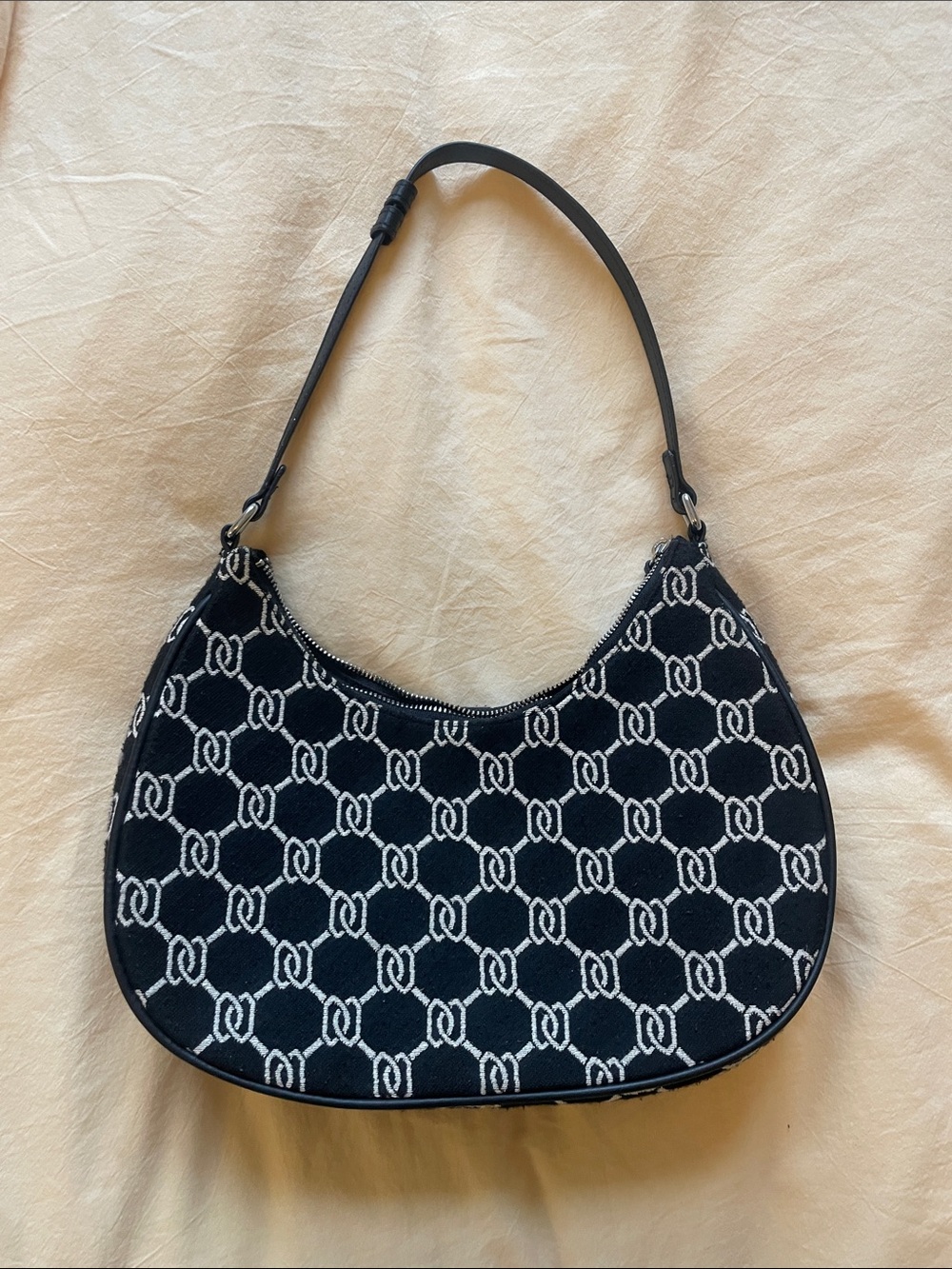 Black Patterned Crescent Shoulder Bag